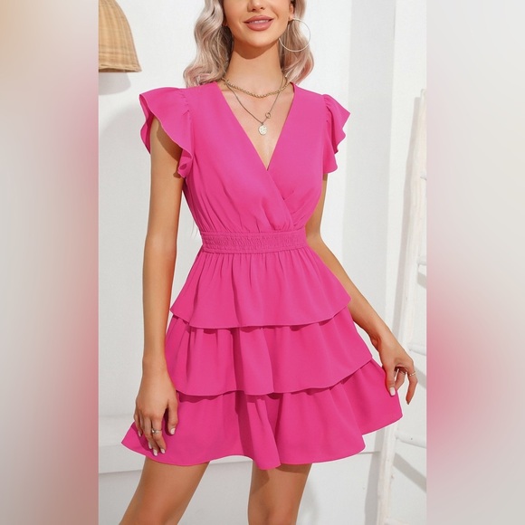 Bynns Dresses & Skirts - Ruffle Tiered V-Neck Mini Dress in Hot Pink